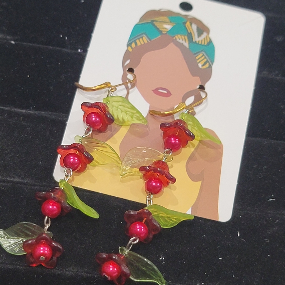 Floral dangle earrings red